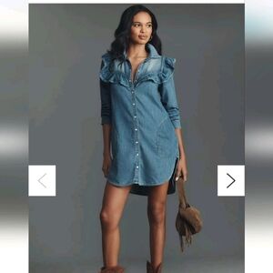 Pilcro Long-Sleeve Ruffled Denim Mini Shirt Dress Sz Small